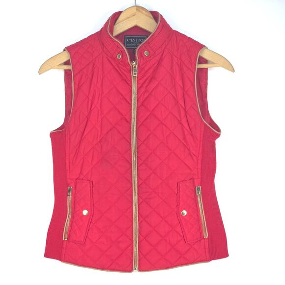 C’ESTTOI‎ Quilted Puffer Vest Women's Medium Red Diamond Stitch Zip Riding Style - Picture 1 of 16